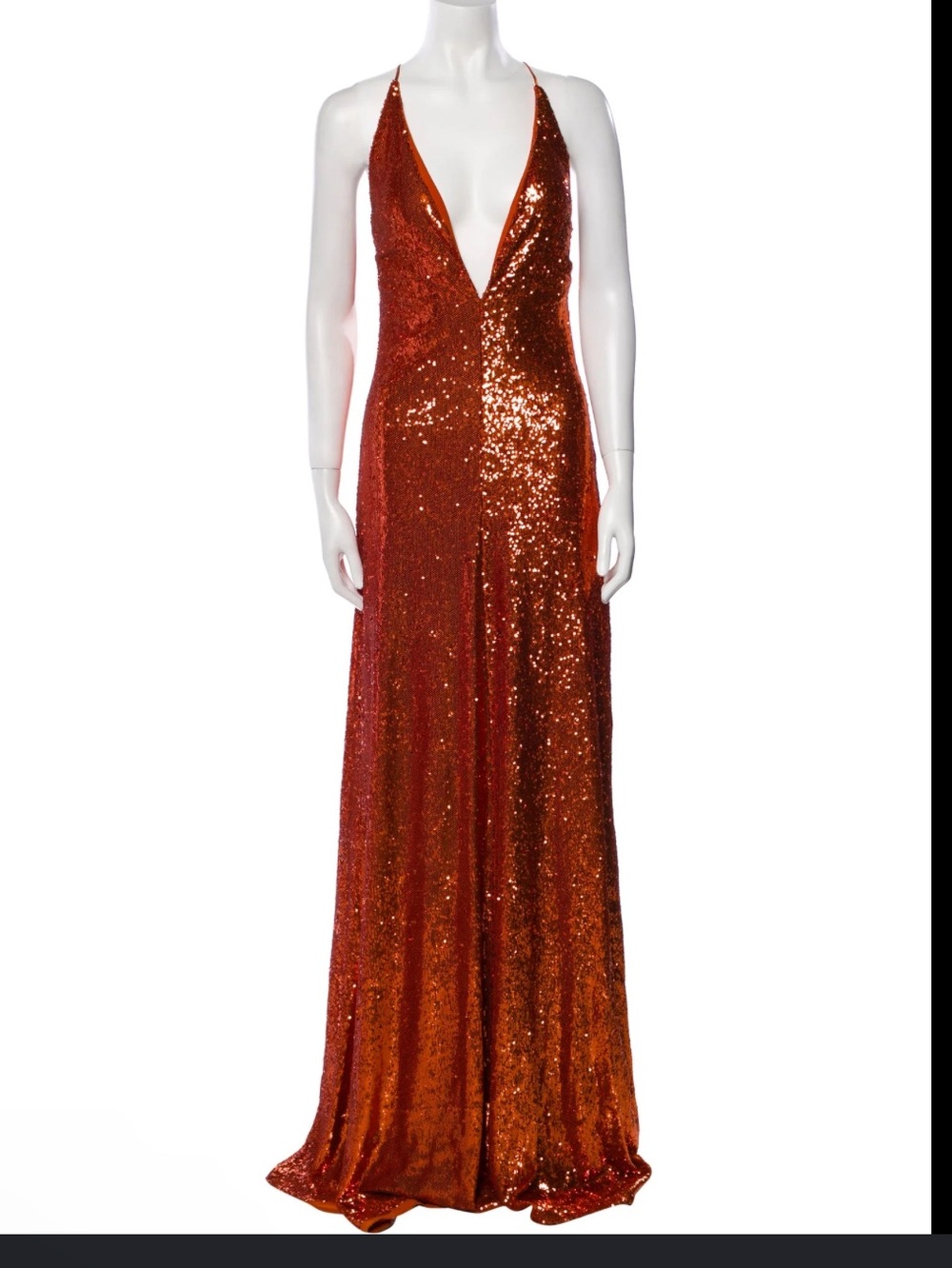 Halston Heritage Copper Sequin Backless Halter Gown
